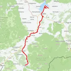 Mapa z zaznaczoną trasą rowerową Velo Soła, biegnącą przez malownicze tereny Beskidu Śląskiego, od Jeziora Żywieckiego po Rajczę.