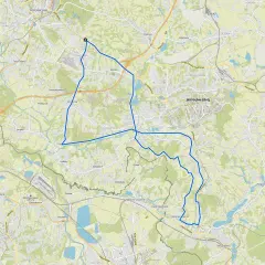 Mapa z zaznaczoną trasą rowerową wokół Wodzisławia Śląskiego, prowadzącą przez okoliczne miejscowości i tereny zielone.