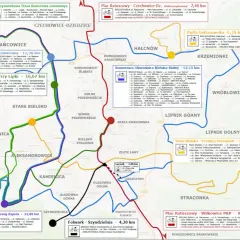Mapa tras rowerowych w Bielsku-Białej. Zaznaczone szlaki o różnej długości i kolorach, prowadzące przez dzielnice takie jak Stare Bielsko, Wapienica, Komorowice.