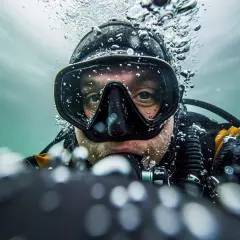 Nurkowanie co to? Widok nurka w masce i sprzęcie pod wodą, otoczonego bąbelkami powietrza.