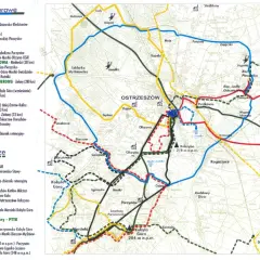 Mapa tras rowerowych Wielkopolski, z zaznaczonymi szlakami wokół Ostrowa Wielkopolskiego.