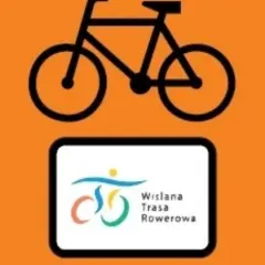Znak rowerowy z symbolem roweru i logo "Wiślana Trasa Rowerowa". Idealny do planowania podróży z plikiem GPX.
