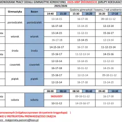 Harmonogram zajęć gimnastyki korekcyjnej i basenu KSOS-MBP ŚRÓDMIEŚCIE. Zajęcia prowadzą instruktorzy: Chmielińska, Górska, Krosnowska-Pancerz, Łasiewicz, Batko, Grochal, Kaim, Maślanka.
