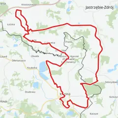 Mapa szlaku rowerowego wokół Karwiny i Jastrzębia-Zdroju. Trasa, oznaczona na czerwono, prowadzi przez Łaziska, Petrovice i Doubravę.
