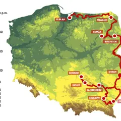 Mapa Polski z zaznaczoną trasą rowerową zieloną, biegnącą od Elbląga przez Suwałki, Białystok, Łomżę, Chełm, Sandomierz, Rzeszów, Przemyśl, Kielce i Końskie.
