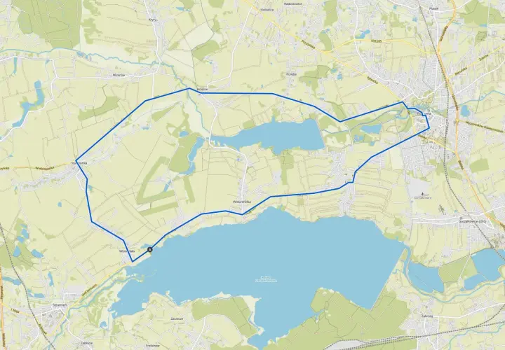 Mapa z zaznaczoną trasą rowerową wokół Jeziora Goczałkowickiego.