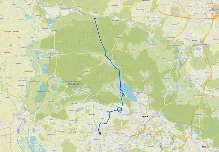 Mapa z zaznaczonymi trasami rowerowymi Rybnik i okolicami. Widoczne jeziora, lasy i drogi.