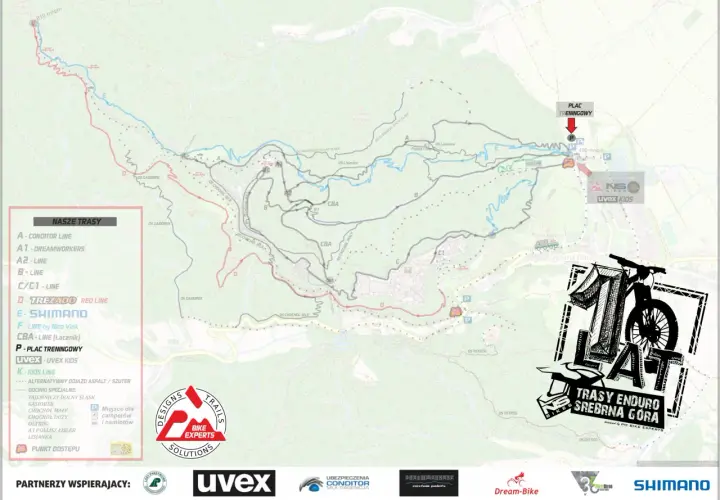 Mapa tras enduro Srebrna Góra by Kellys. Oznaczono linie A, B, C, D, E, F, CBA, plac treningowy i kids line.