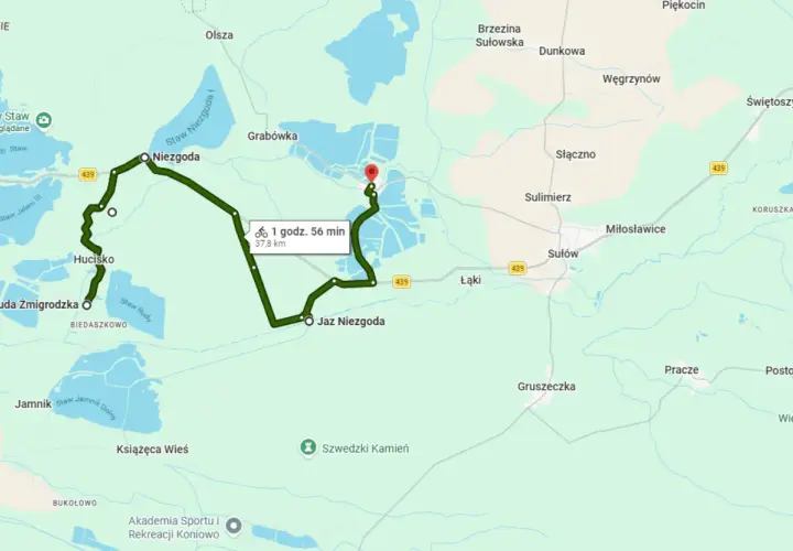 Mapa z zaznaczoną trasą rowerową wokół Milicza, prowadzącą przez Niegodę, Hucisko i Jaz Niegoda.