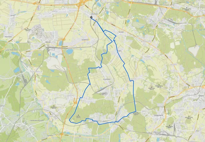 Mapa z zaznaczoną trasą rowerową wokół Rudy Śląskiej.