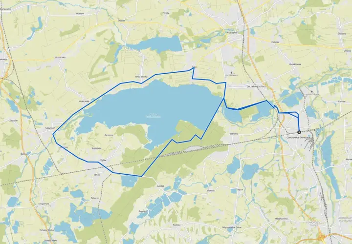 Mapa z zaznaczoną trasą wokół Jeziora Goczałkowickiego, prowadzącą przez Czechowice-Dziedzice.