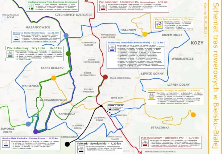 Mapa tras rowerowych w Bielsku-Białej. Zaznaczone szlaki o różnej długości i kolorach, prowadzące przez dzielnice takie jak Stare Bielsko, Wapienica, Komorowice.