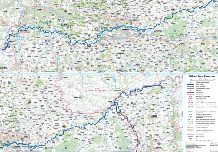 Mapa przedstawia trasę rowerową wzdłuż Wisły, z zaznaczonymi odcinkami istniejącymi i planowanymi, od Krakowa po Tarnów.
