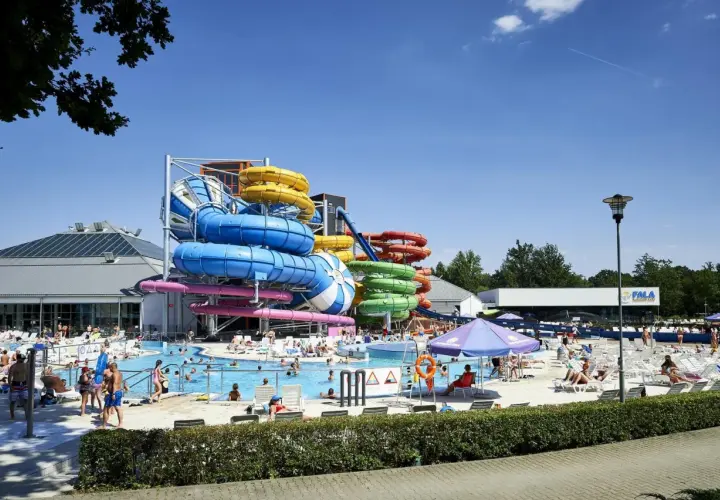 Aquapark Fala przy Alei Unii Lubelskiej w Łodzi tętni życiem. Kolorowe zjeżdżalnie i baseny pełne są ludzi cieszących się słońcem.