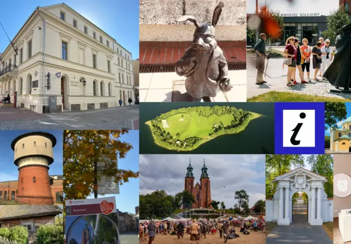 Kolaż zdjęć z Wielkopolski: budynki, pomnik krasnala, wyspa, kościół, zamek, skansen. Odkryj piastowski trakt rowerowy!