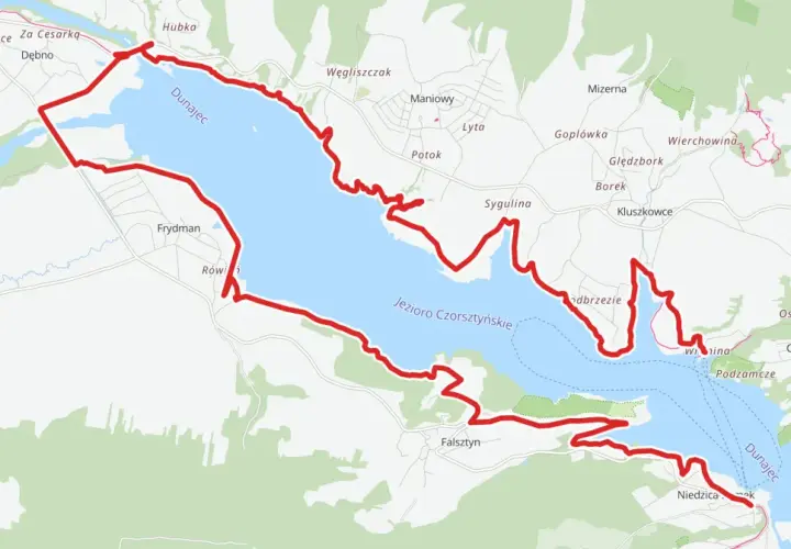 Mapa z zaznaczonymi trasami velo Polska wokół Jeziora Czorsztyńskiego.