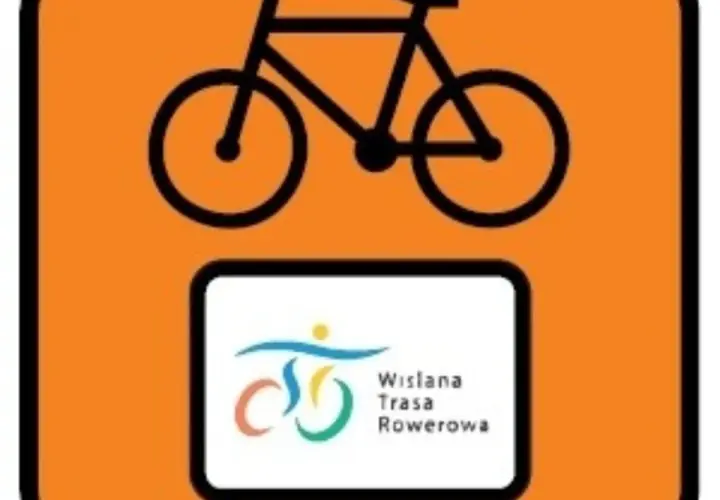 Znak rowerowy z symbolem roweru i logo "Wiślana Trasa Rowerowa". Idealny do planowania podróży z plikiem GPX.