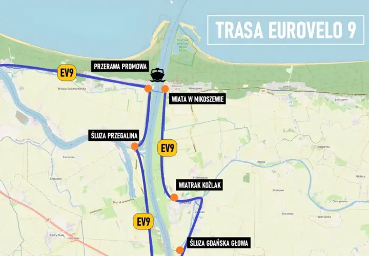 Mapa trasy rowerowej EV9, w tym prom przez Wisłę, śluzy i punkty widokowe. Ten bursztynowy szlak rowerowy prowadzi przez malownicze tereny.