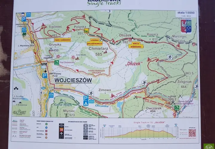 Mapa Kaczawskich Single Tracków z zaznaczonymi trasami rowerowymi, punktami widokowymi i atrakcjami.