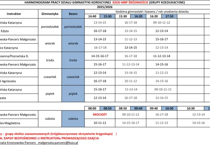 Harmonogram zajęć gimnastyki korekcyjnej i basenu KSOS-MBP ŚRÓDMIEŚCIE. Zajęcia prowadzą instruktorzy: Chmielińska, Górska, Krosnowska-Pancerz, Łasiewicz, Batko, Grochal, Kaim, Maślanka.