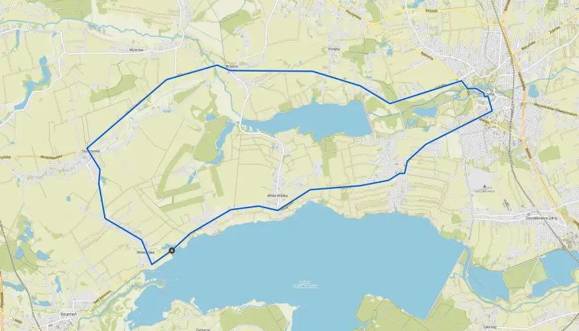 Mapa z zaznaczoną trasą rowerową wokół Jeziora Goczałkowickiego.