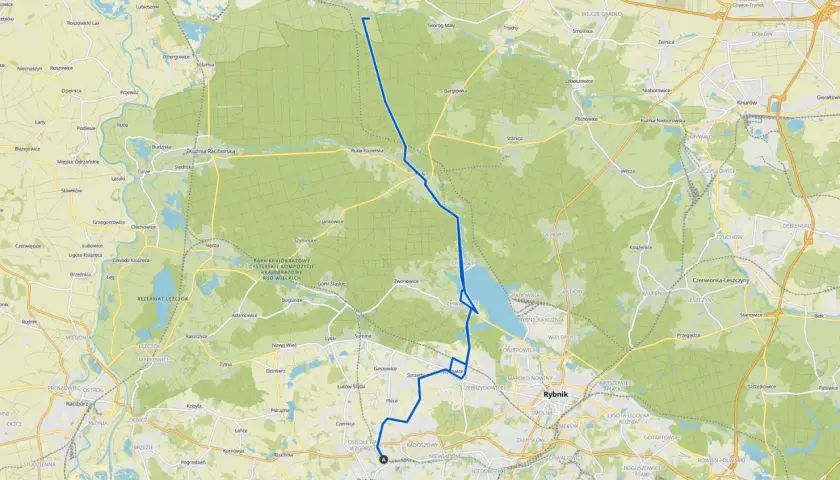 Mapa z zaznaczonymi trasami rowerowymi Rybnik i okolicami. Widoczne jeziora, lasy i drogi.
