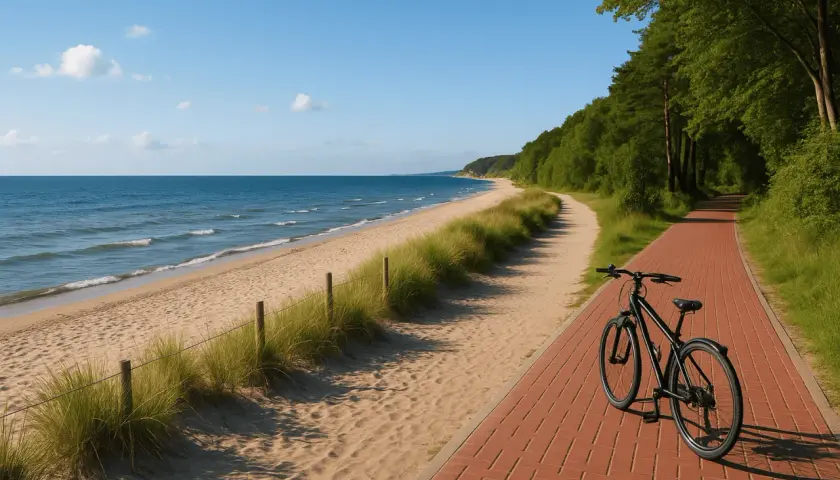 Rower czeka na ścieżce przy piaszczystej plaży. Idealna trasa nad morzem z widokiem na spokojne fale i zielony las.