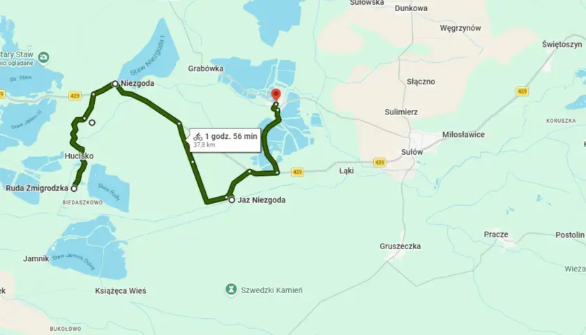 Mapa z zaznaczoną trasą rowerową wokół Milicza, prowadzącą przez Niegodę, Hucisko i Jaz Niegoda.