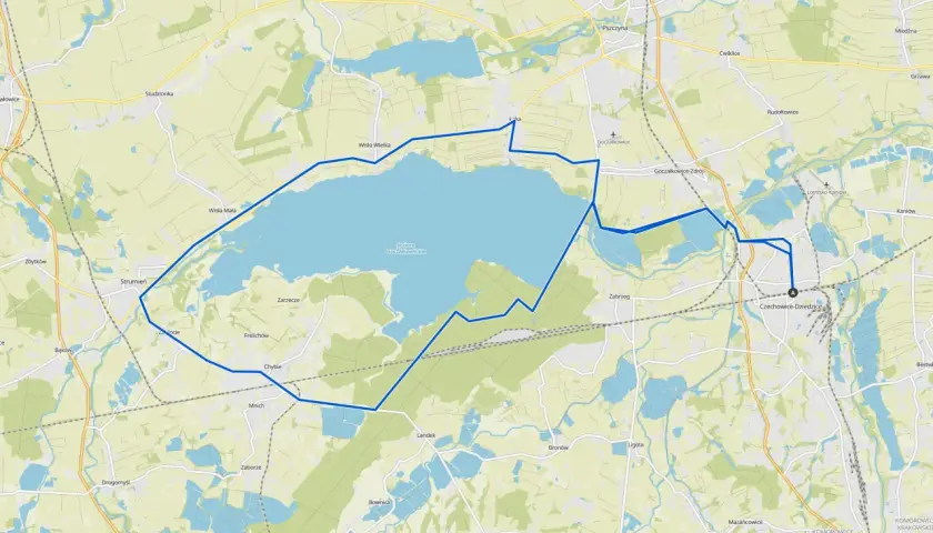 Mapa z zaznaczoną trasą wokół Jeziora Goczałkowickiego, prowadzącą przez Czechowice-Dziedzice.