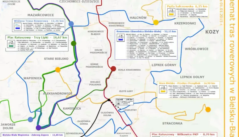 Mapa tras rowerowych w Bielsku-Białej. Zaznaczone szlaki o różnej długości i kolorach, prowadzące przez dzielnice takie jak Stare Bielsko, Wapienica, Komorowice.