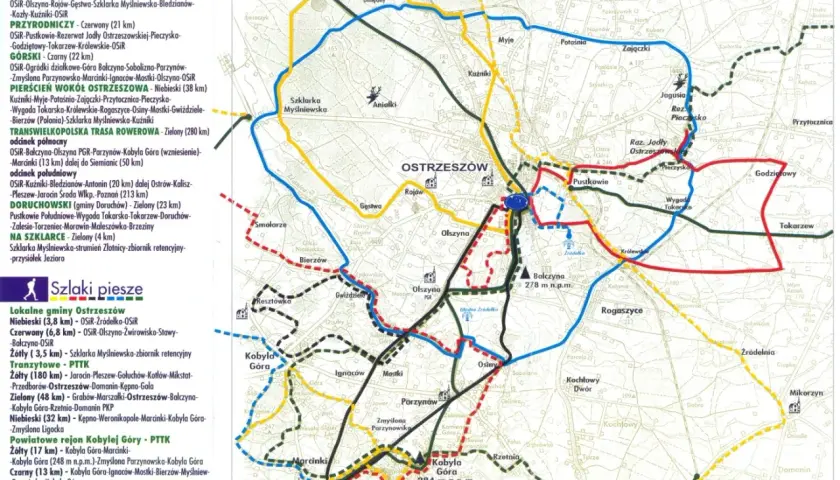 Mapa tras rowerowych Wielkopolski, z zaznaczonymi szlakami wokół Ostrowa Wielkopolskiego.