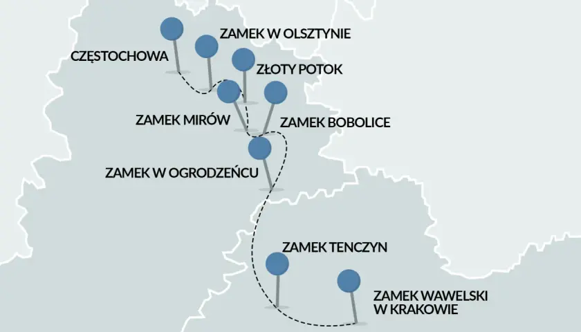 Mapa z zaznaczonymi zamkami na Szlaku Orlich Gniazd. Idealna trasa na wycieczkę rowerem przez Jurę Krakowsko-Częstochowską.