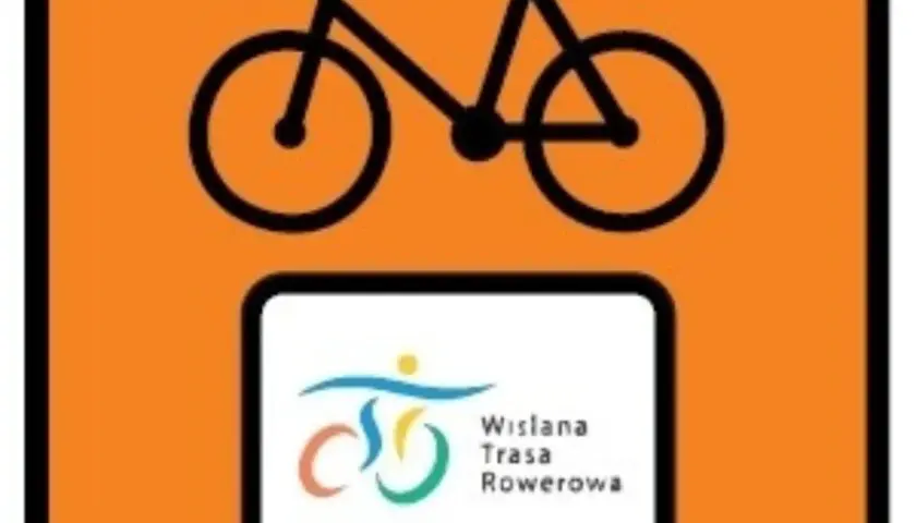 Znak rowerowy z symbolem roweru i logo "Wiślana Trasa Rowerowa". Idealny do planowania podróży z plikiem GPX.