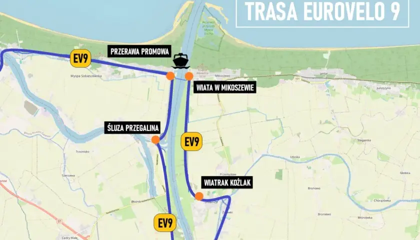 Mapa trasy rowerowej EV9, w tym prom przez Wisłę, śluzy i punkty widokowe. Ten bursztynowy szlak rowerowy prowadzi przez malownicze tereny.