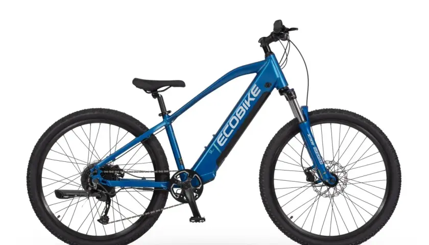 Niebieski elektryczny rower dla dzieci z napisem ECOBIKE na ramie. Idealny do nauki jazdy i pierwszych wycieczek.