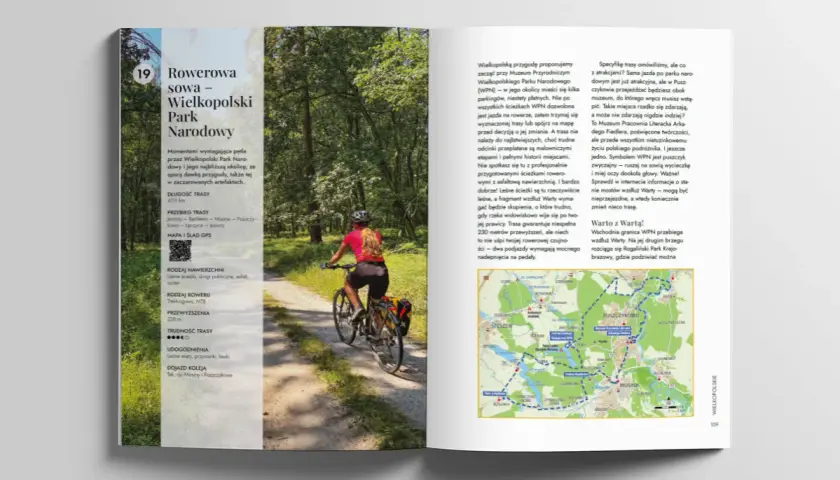 Kobieta na rowerze przemierza malownicze tereny Wielkopolski. Polska na rowery to świetny pomysł na aktywny wypoczynek.