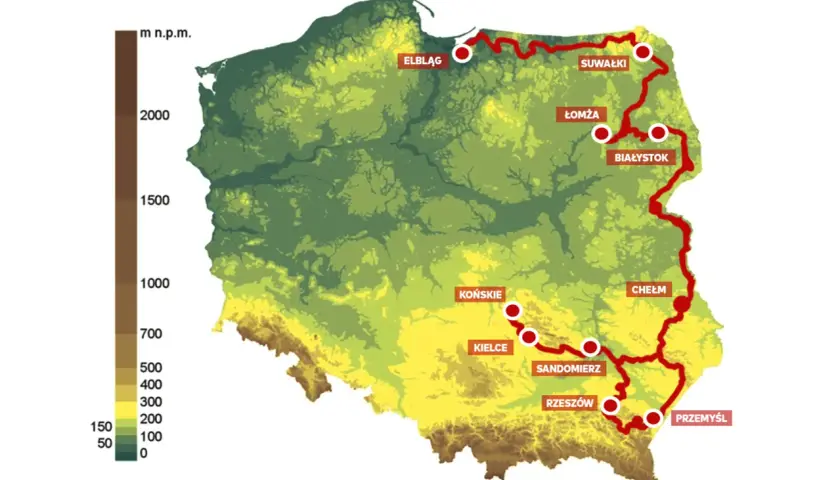 Mapa Polski z zaznaczoną trasą rowerową zieloną, biegnącą od Elbląga przez Suwałki, Białystok, Łomżę, Chełm, Sandomierz, Rzeszów, Przemyśl, Kielce i Końskie.