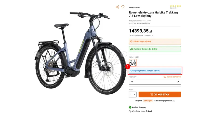 Niebieski rower elektryczny Haibike. Kliknij "Dopasuj rozmiar ramy do wzrostu", aby sprawdzić numer ramy roweru.