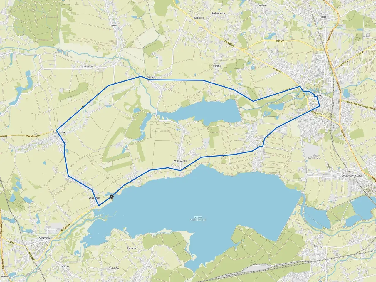 Mapa z zaznaczoną trasą rowerową wokół Jeziora Goczałkowickiego.
