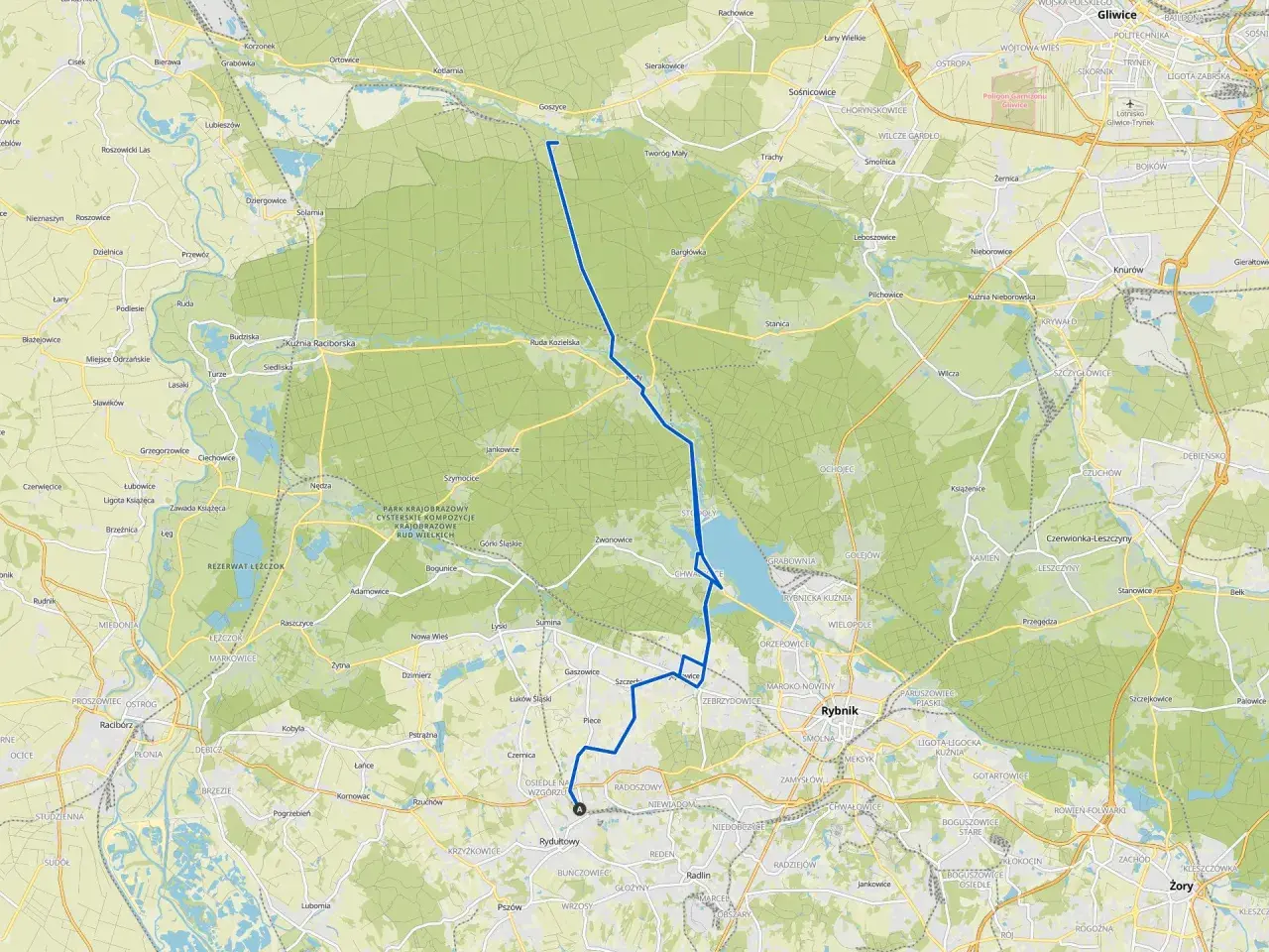 Mapa z zaznaczonymi trasami rowerowymi Rybnik i okolicami. Widoczne jeziora, lasy i drogi.