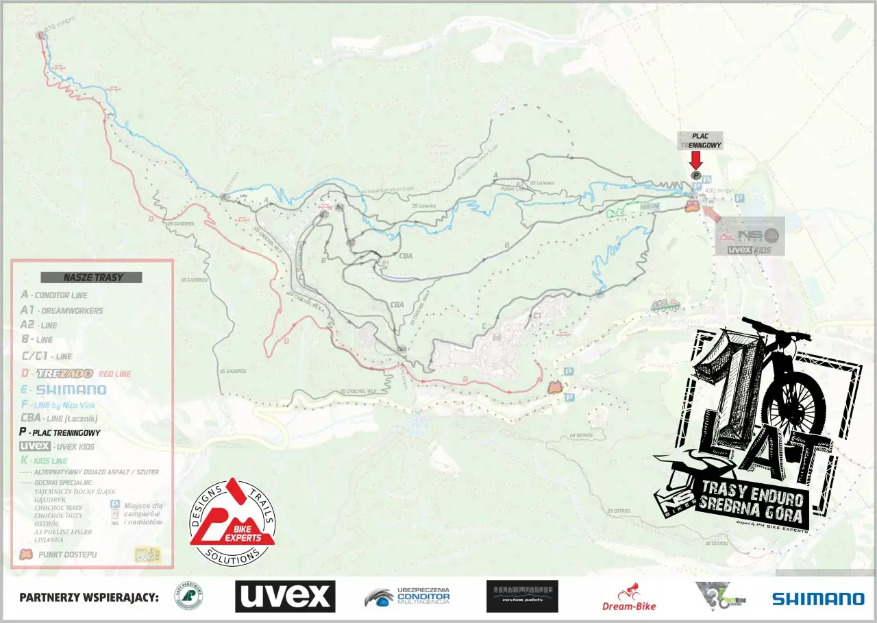 Mapa tras enduro Srebrna Góra by Kellys. Oznaczono linie A, B, C, D, E, F, CBA, plac treningowy i kids line.
