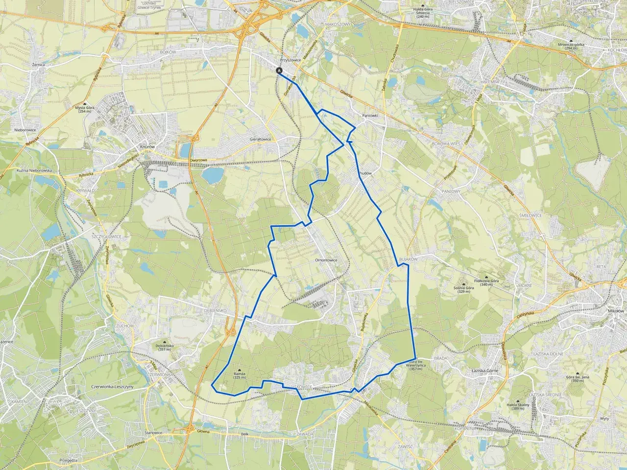 Mapa z zaznaczoną trasą rowerową wokół Rudy Śląskiej.