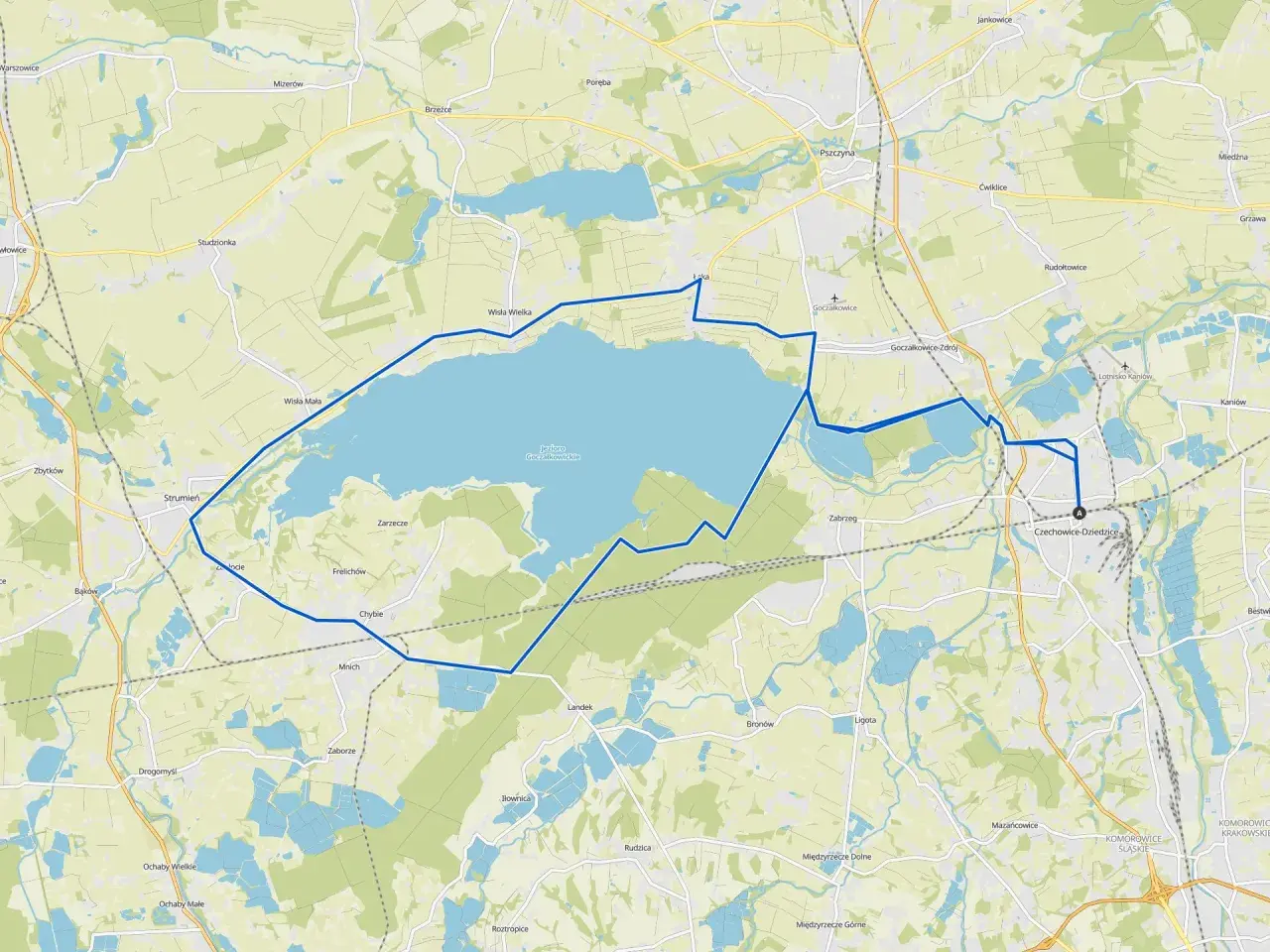 Mapa z zaznaczoną trasą wokół Jeziora Goczałkowickiego, prowadzącą przez Czechowice-Dziedzice.