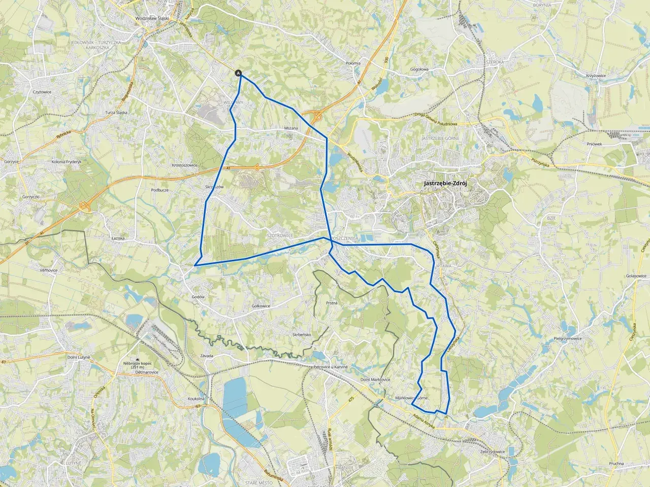 Mapa z zaznaczoną trasą rowerową wokół Wodzisławia Śląskiego, prowadzącą przez okoliczne miejscowości i tereny zielone.