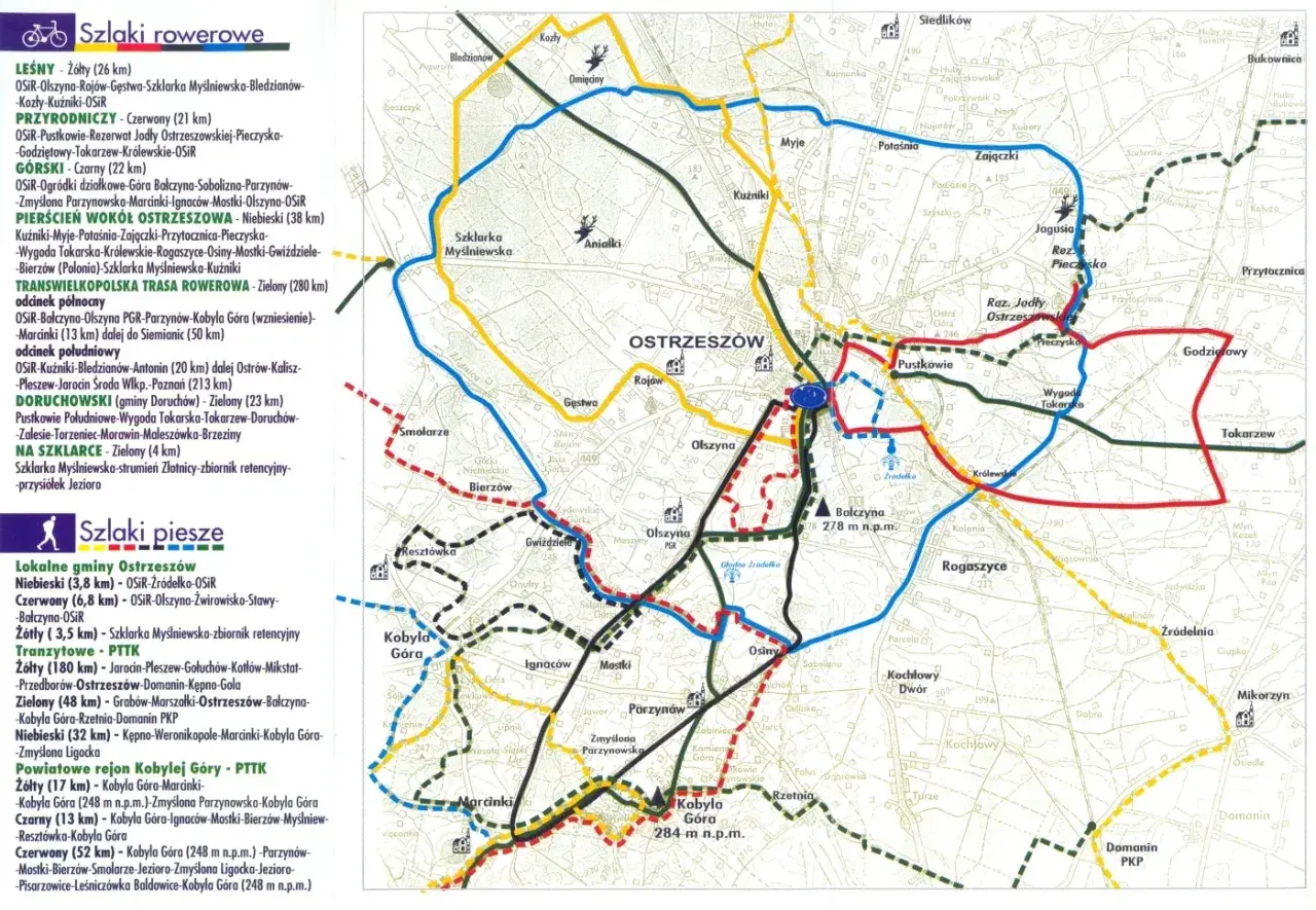 Mapa tras rowerowych Wielkopolski, z zaznaczonymi szlakami wokół Ostrowa Wielkopolskiego.