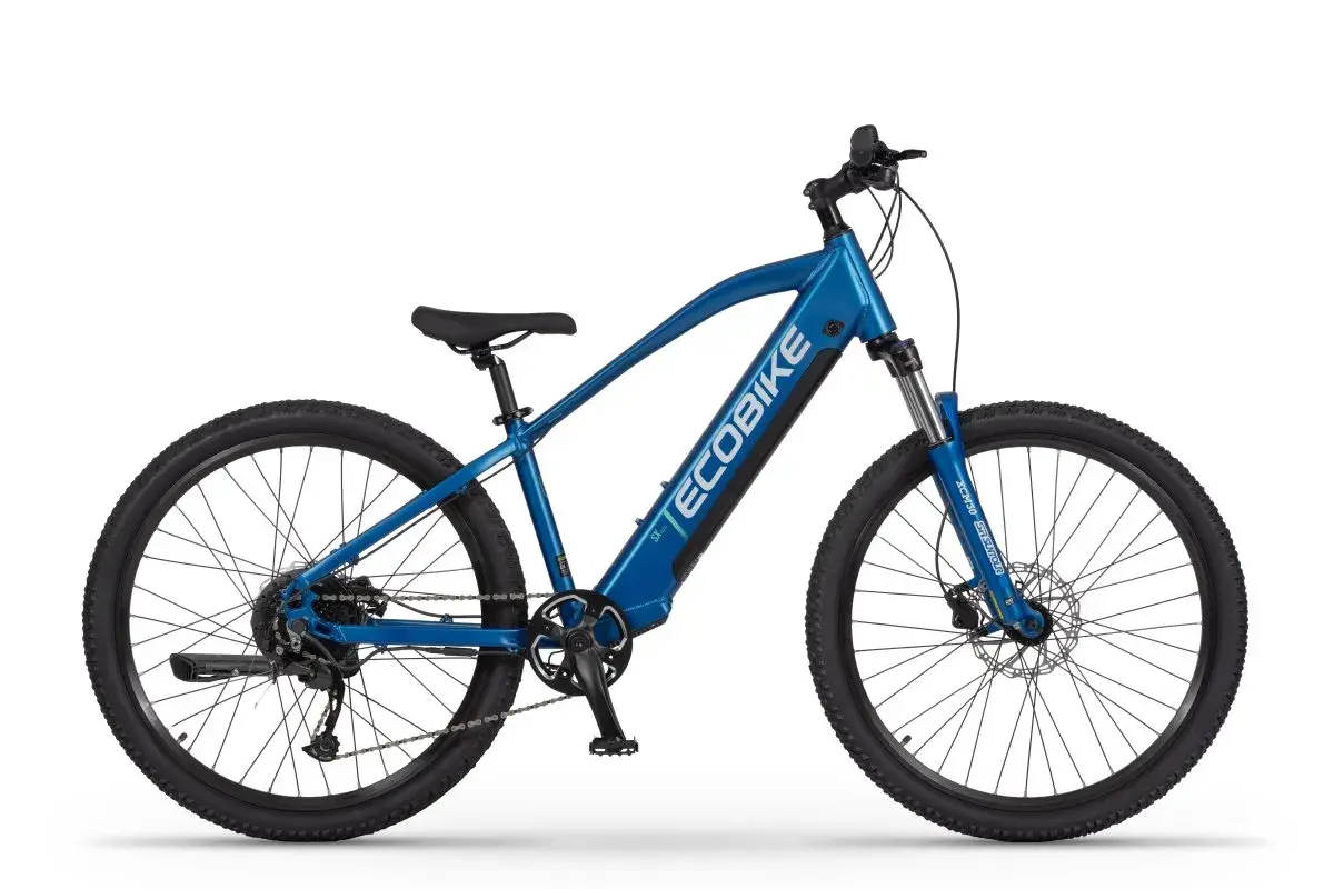 Niebieski elektryczny rower dla dzieci z napisem ECOBIKE na ramie. Idealny do nauki jazdy i pierwszych wycieczek.