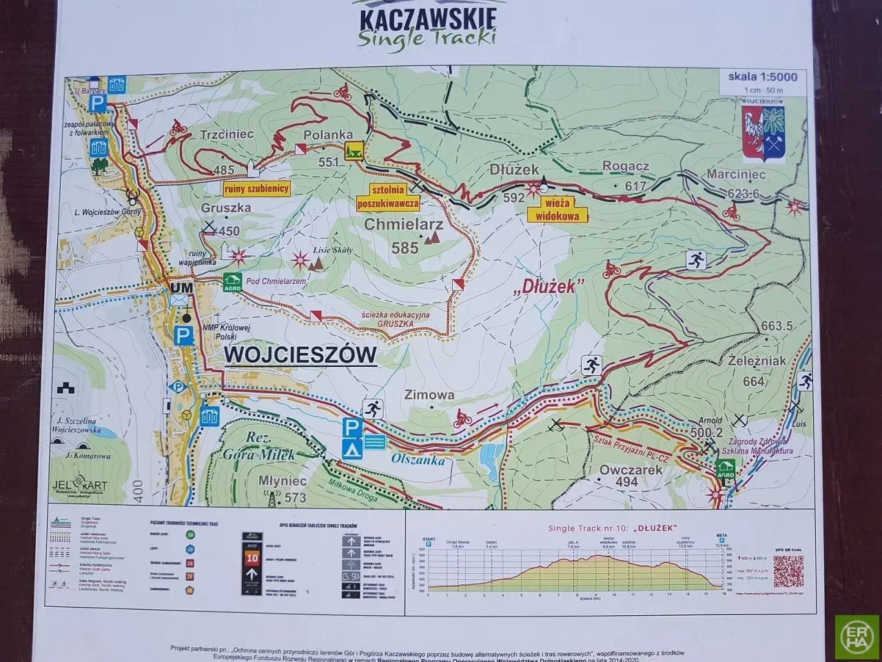 Mapa Kaczawskich Single Tracków z zaznaczonymi trasami rowerowymi, punktami widokowymi i atrakcjami.