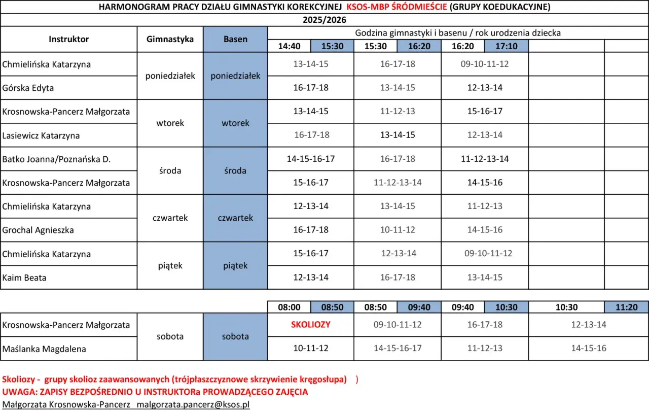 Harmonogram zajęć gimnastyki korekcyjnej i basenu KSOS-MBP ŚRÓDMIEŚCIE. Zajęcia prowadzą instruktorzy: Chmielińska, Górska, Krosnowska-Pancerz, Łasiewicz, Batko, Grochal, Kaim, Maślanka.