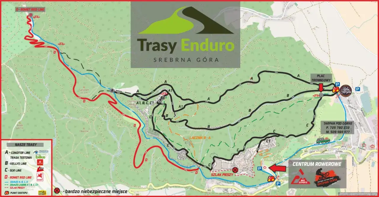 Mapa tras enduro w Srebrnej Górze. Widoczna czerwona trasa D - Romet Red Line, szlaki rowerowe A, B, C i szlak pieszy.