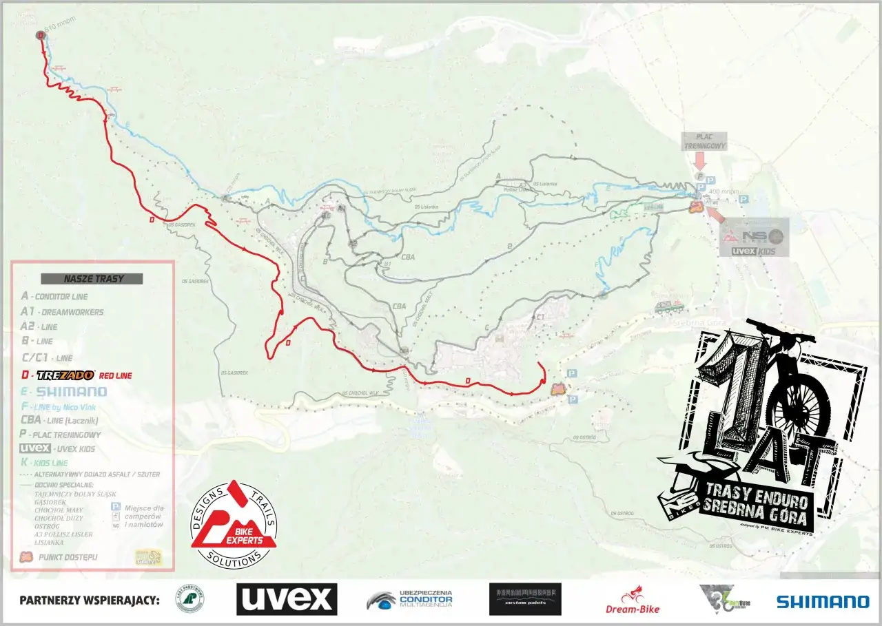 Mapa tras enduro Srebrna Góra by Kellys. Znajdziesz tu linie A, B, C, D, E, F, CBA i K.